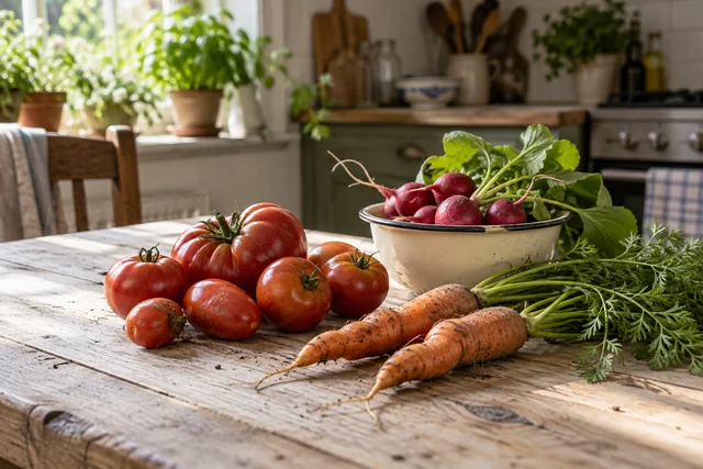 Illustrative Szene: frisch geerntete Tomaten, Möhren und Radieschen
