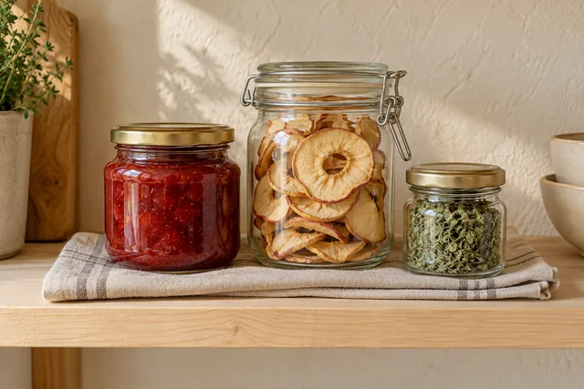 Illustrative Szene: Marmelade, getrocknete Apfelringe und Kräuter im Vorratsglas