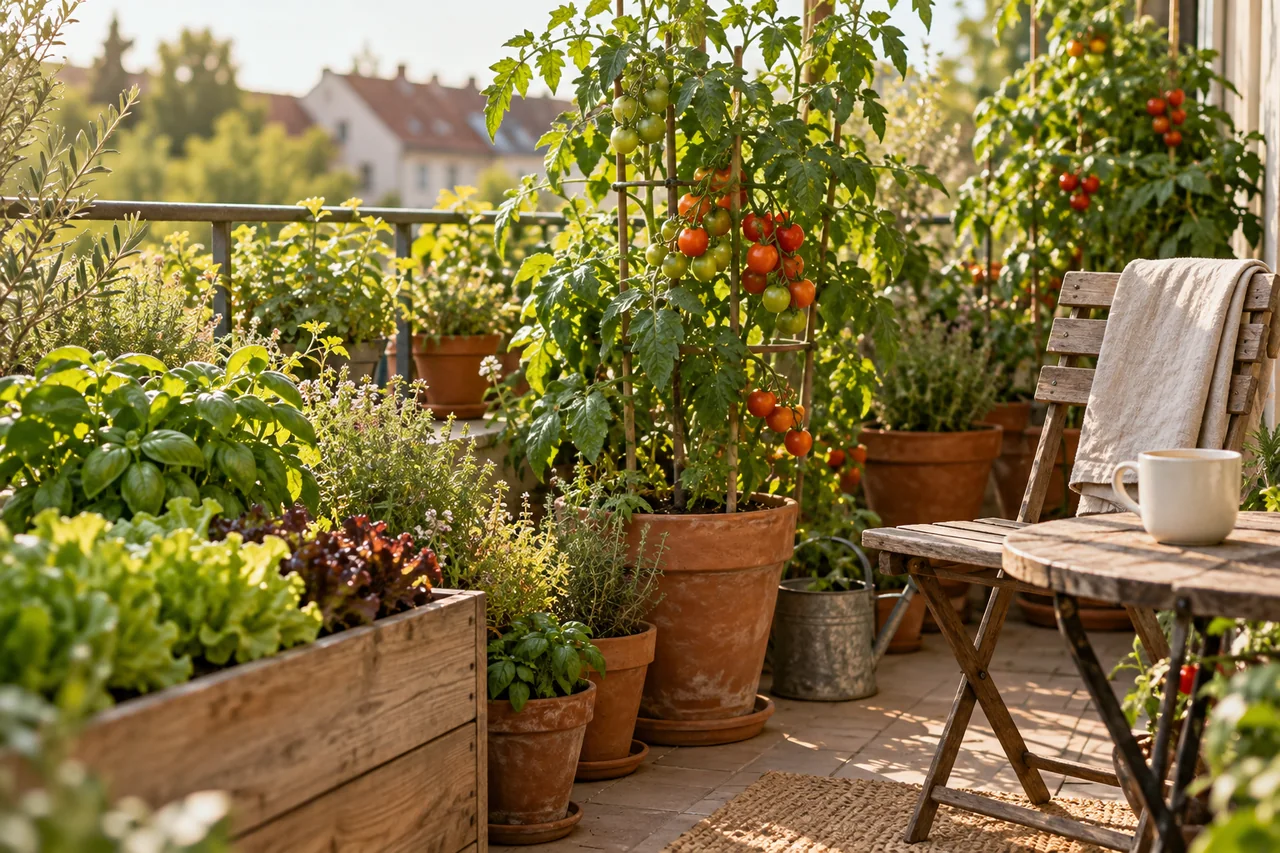 Illustrative Szene: kleiner Balkon mit Tomaten, Kräutern und einem Platz für die Kaffeepause