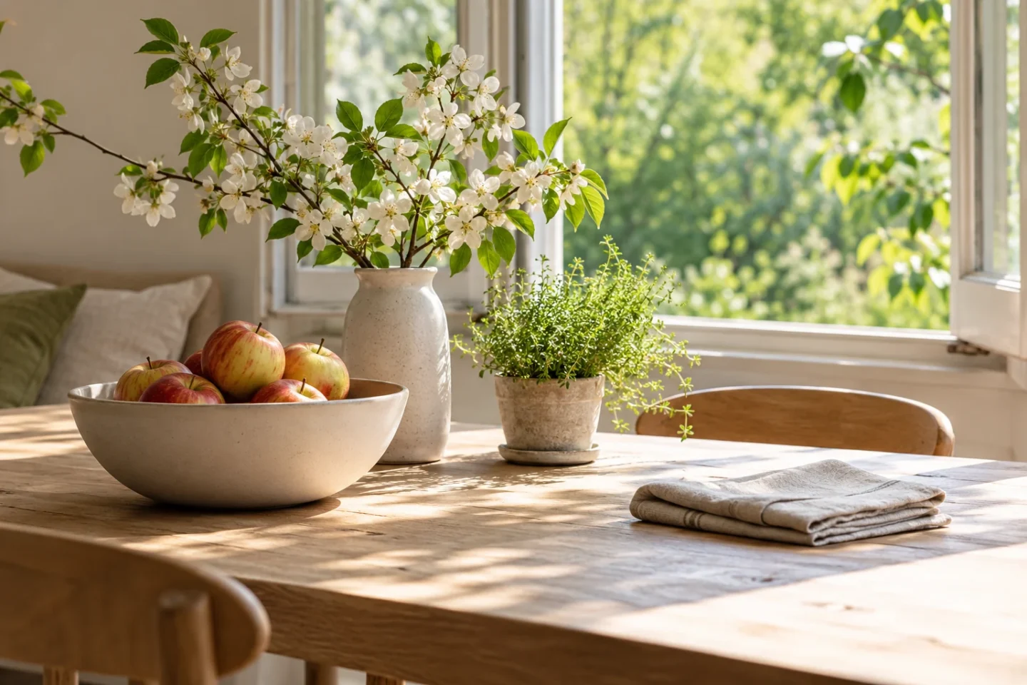 Heller Tisch am Fenster mit Äpfeln, Blütenzweig und Kräutertopf