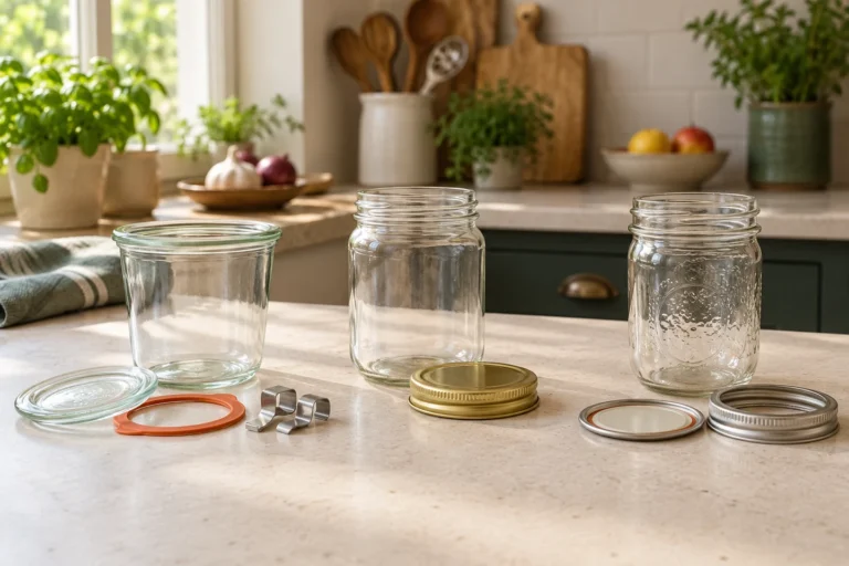 Drei leere Glasarten mit Glasdeckel und Ring, Twist-off-Deckel sowie zweiteiligem Schraubverschluss