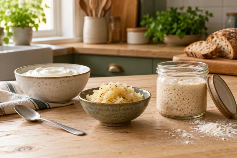 Getrennte Schalen mit Joghurt und Sauerkraut neben einem locker abgedeckten Sauerteigglas