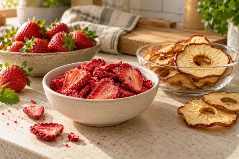 Gefriergetrocknete Erdbeeren, getrocknete Apfelringe und frische Erdbeeren zum Vergleich