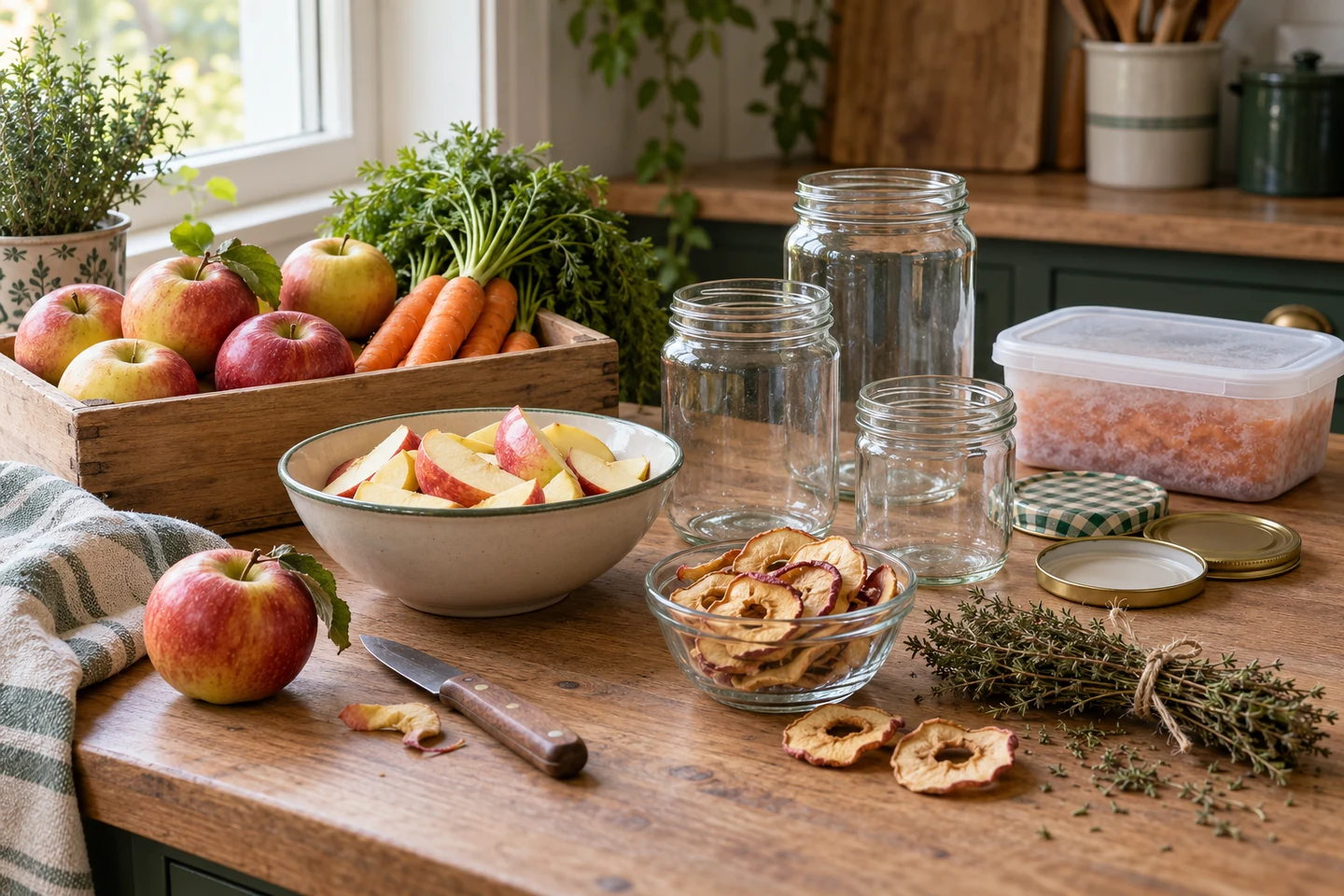 Obst, Gemüse, leere Einkochgläser, getrocknete Apfelringe und ein Gefrierbehälter in einer Küche