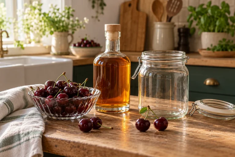 Kirschen, eine schlichte Rumflasche und ein leeres Glas als Ansatzvorbereitung