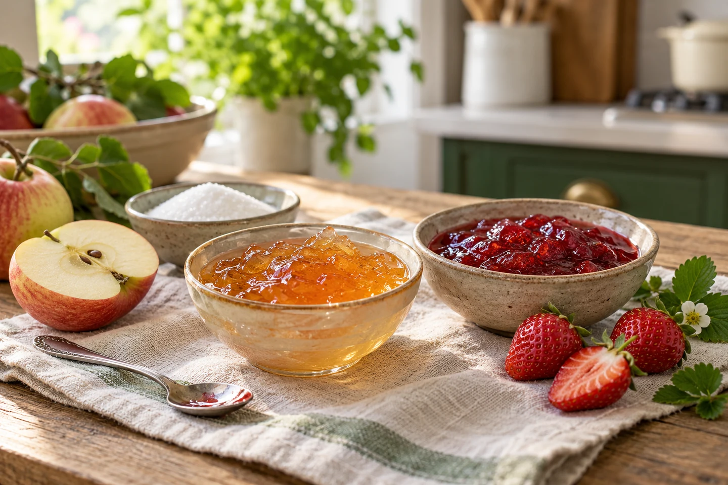 Schalen mit Erdbeerkonfitüre und Apfelgelee neben Obst und einer kleinen Zuckerschale