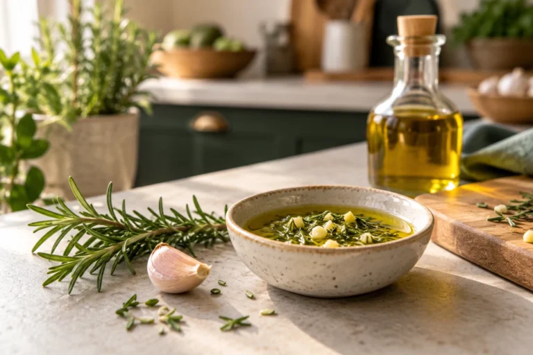 Kleine offene Portion frischer Kräuter und Knoblauch in Öl zum unmittelbaren Kochen