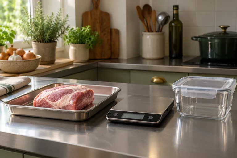 Frisches Fleisch auf einer Edelstahlschale neben Waage und geeignetem Behälter