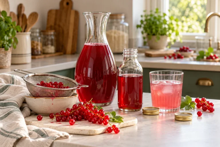 Roter Fruchtsirup mit Johannisbeeren, Sieb und einem Glas verdünntem Getränk
