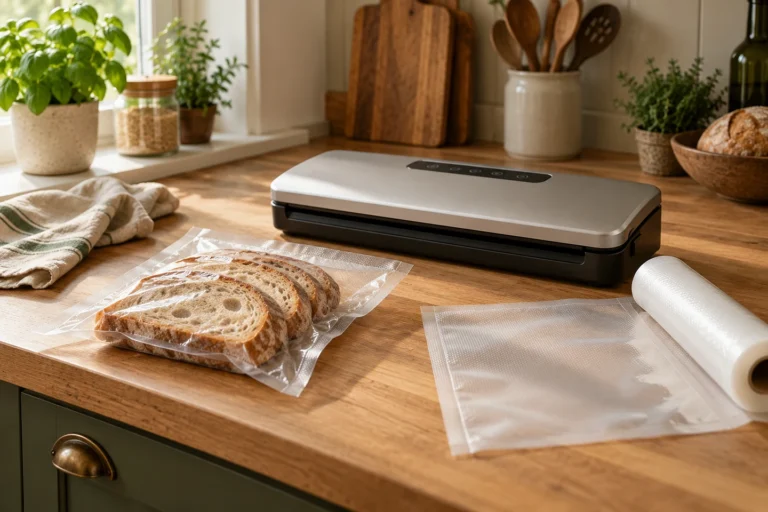 Vakuumiergerät mit verpackten Brotscheiben und passenden leeren Beuteln
