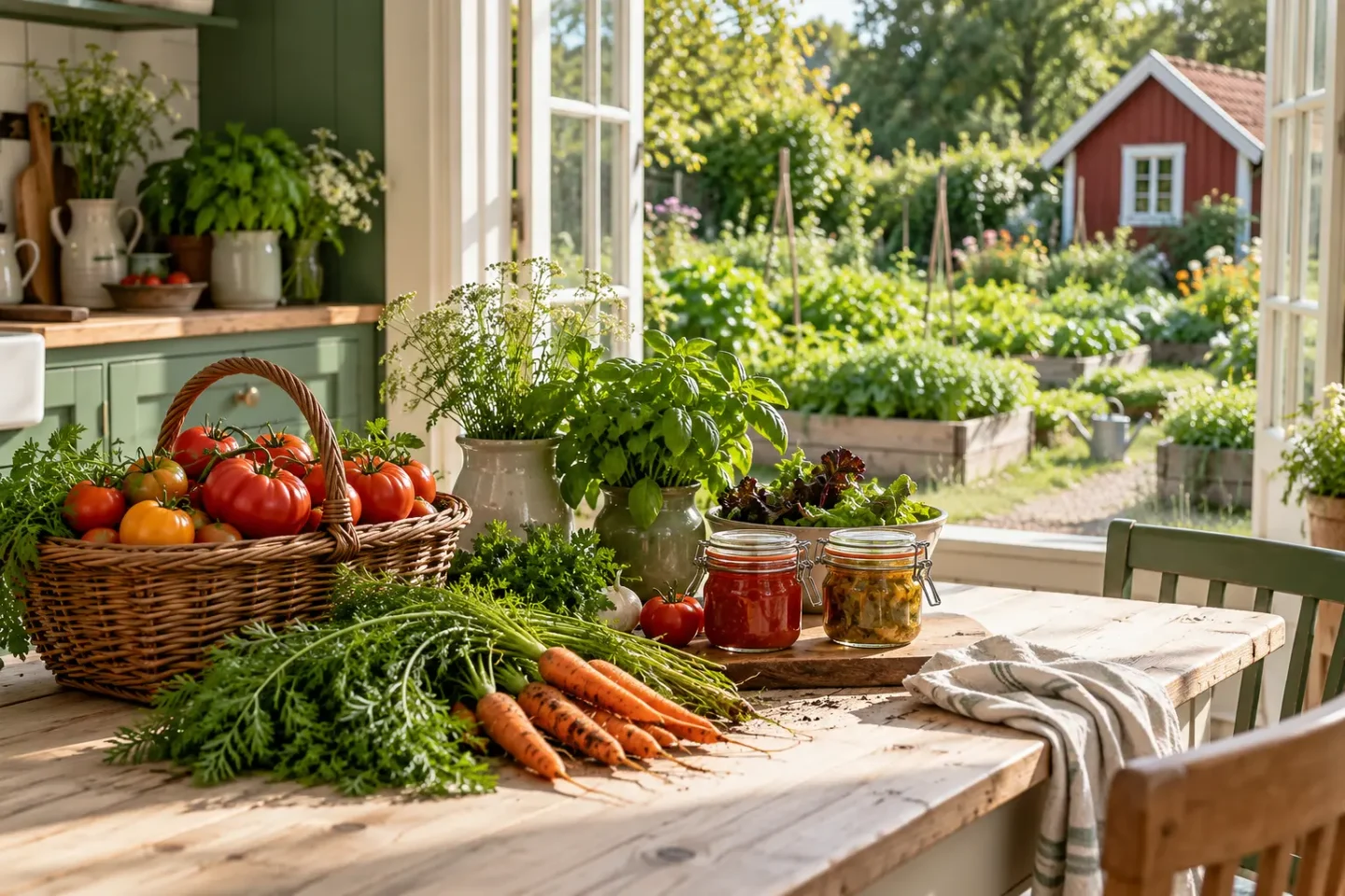 Frische Gartenernte und Vorratsgläser in einer hellen Küche