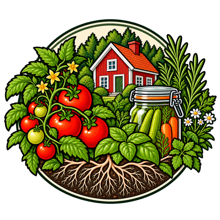 Das ALLTAGSWURZEL-Icon mit Garten, Schwedenhaus und Vorratsglas