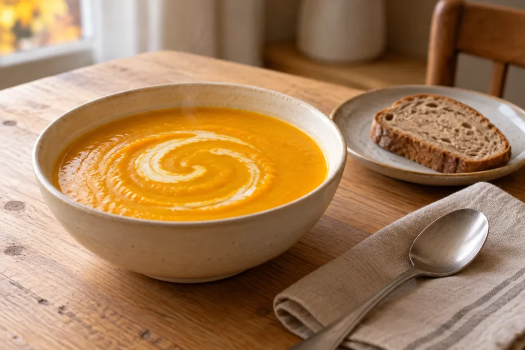 Schüssel mit cremiger orangefarbener Kürbissuppe und einer Scheibe Brot auf einem Küchentisch