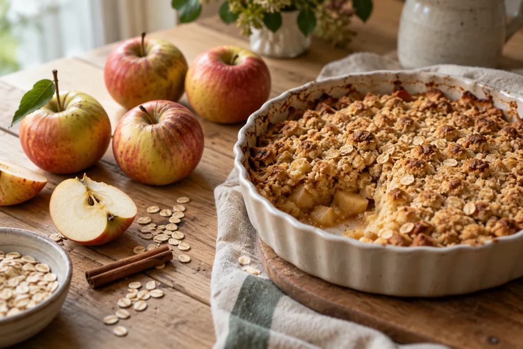 Äpfel mit kleinen Schalenunregelmäßigkeiten neben einem goldbraunen Apfel-Crumble mit Haferflocken