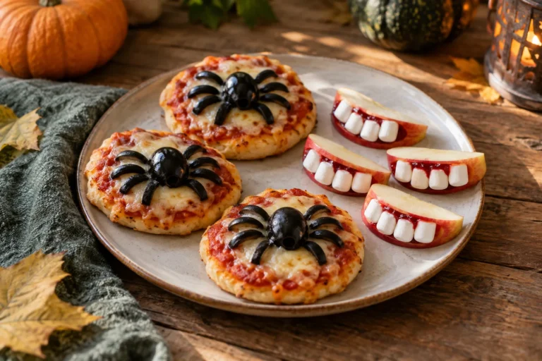 Kleine Pizzen mit Olivenspinnen und Apfelgebisse mit Marshmallow-Zähnen auf einem Teller