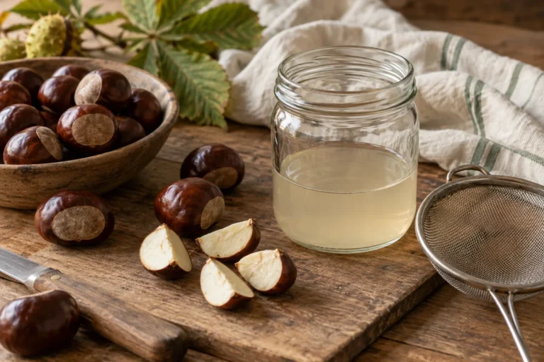 Rosskastanien und einige zerteilte Früchte neben einem Glas mit hellem Kastaniensud und einem Sieb