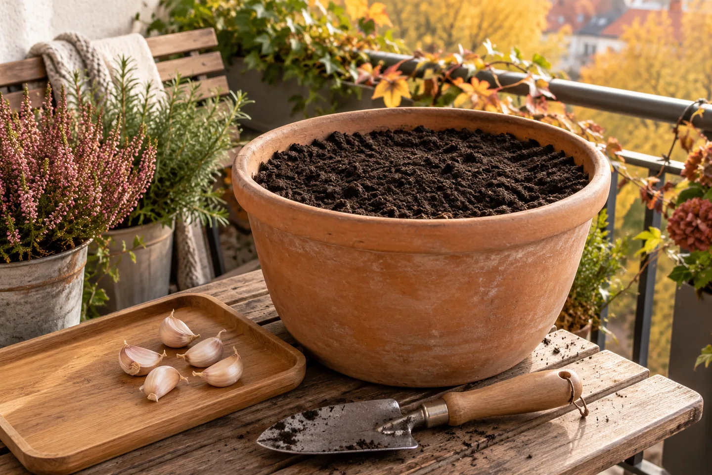 Breiter Terrakottatopf mit Pflanzerde und einzelnen Knoblauchzehen auf einem herbstlichen Balkon