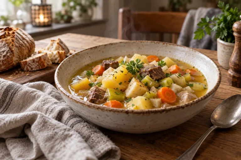 Schüssel mit Rindfleischeintopf, Kartoffeln, Möhren, Sellerie und Lauch in einer hellen Brühe
