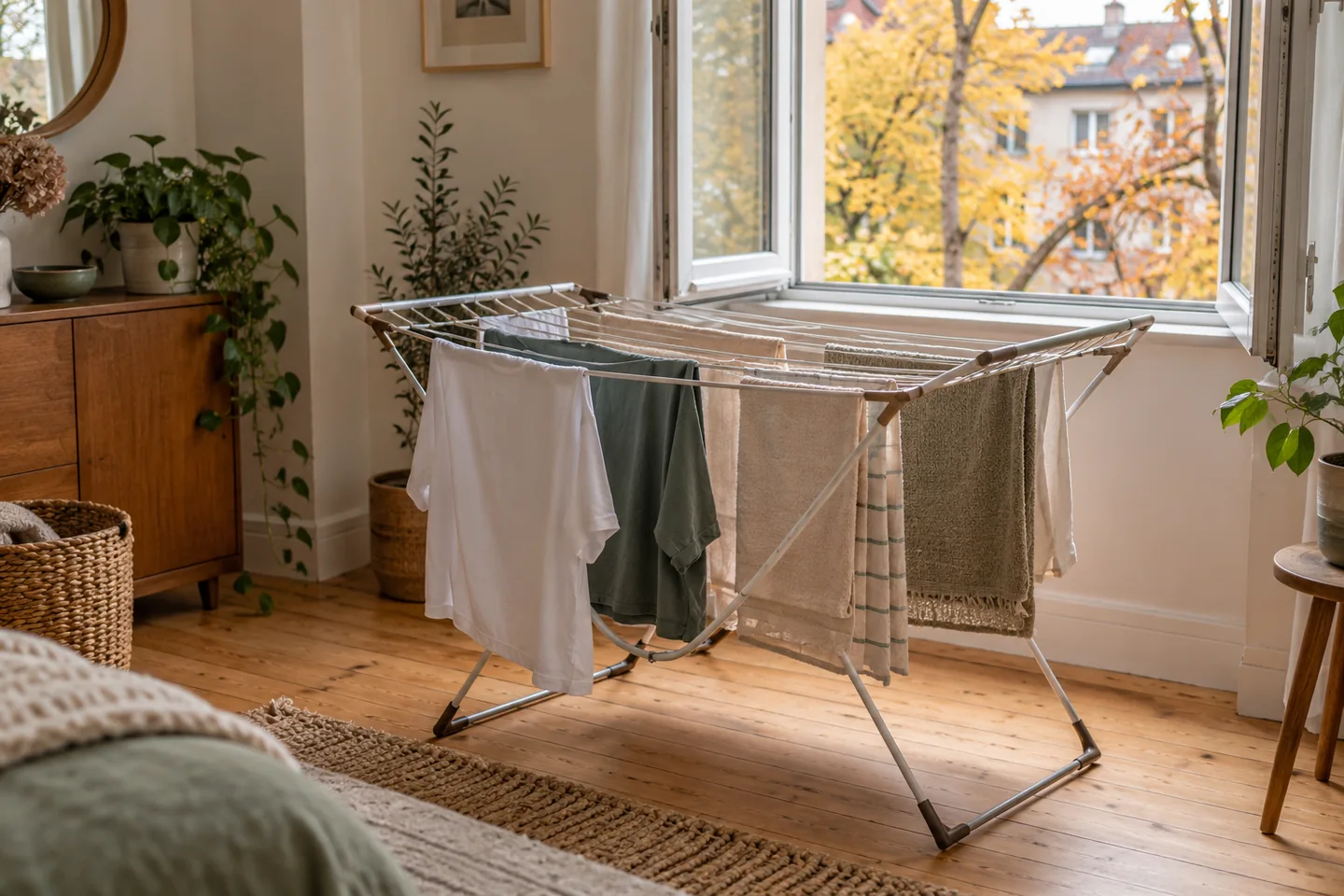 Mit Abstand aufgehängte Wäsche auf einem Ständer neben einem vollständig geöffneten Fenster