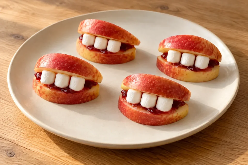 Vier kleine Halloween-Gebisse aus roten Apfelspalten, Marmelade und weißen Mini-Marshmallows auf einem Teller