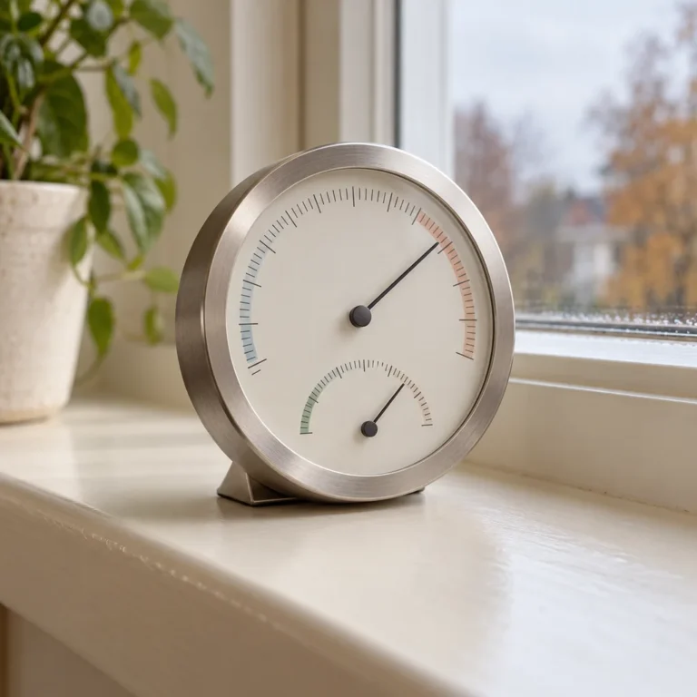 Symbolbild: Ein rundes analoges Raumklima-Messgerät mit Zeigern auf einer schmalen Fensterbank