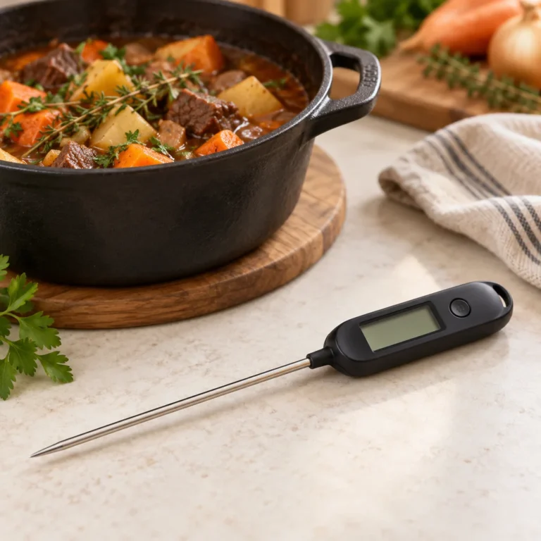Symbolbild: Ein digitales Küchenthermometer mit Metallsonde neben einem Topf mit Eintopf