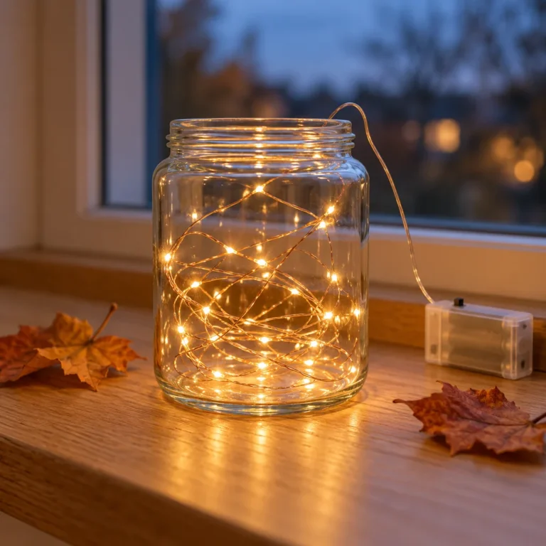 Symbolbild: Warmweiße Drahtlichterkette in einem wiederverwendeten Glas auf einer Fensterbank, das Batteriefach liegt daneben