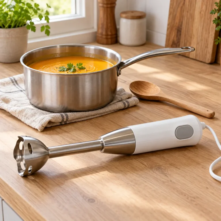 Symbolbild: Ein schlichter Stabmixer neben einem Topf mit Kürbissuppe auf einer Küchenarbeitsplatte