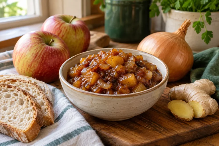 Stückiges Apfel-Zwiebel-Chutney in einer Schale neben Apfel, Zwiebel und Ingwer