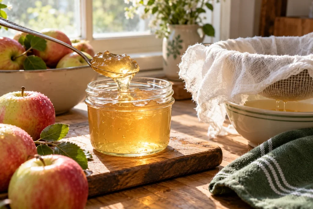 Goldenes Apfelgelee am Löffel über einem Glas neben Äpfeln und einem Passiertuch