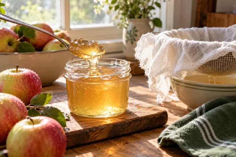 Goldenes Apfelgelee am Löffel über einem Glas neben Äpfeln und einem Passiertuch