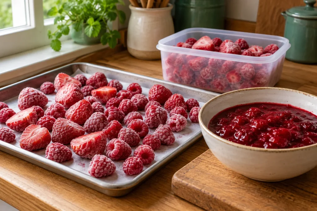 Einzeln gefrorene Beeren auf einem Tablett neben einer Schale gekochtem Beerenkompott