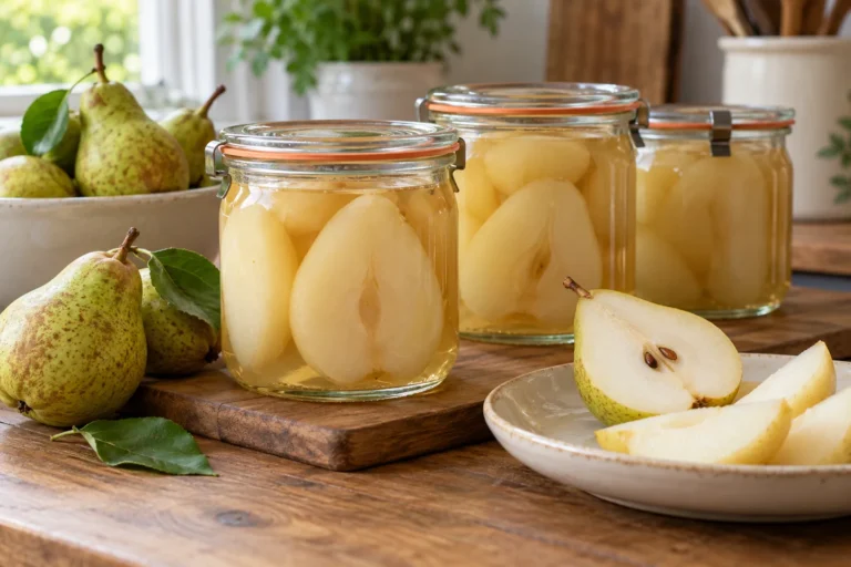 Geschälte Birnenhälften in Gläsern mit hellem Saft neben frischen Birnen