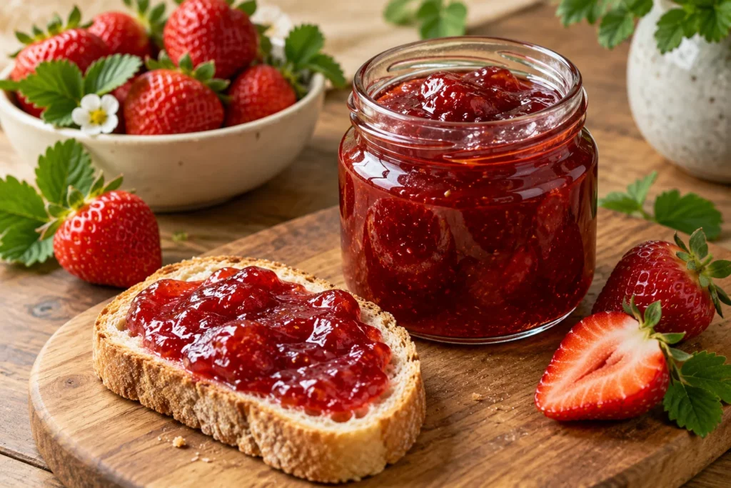 Rote Erdbeerkonfitüre im offenen Glas mit Brot und frischen Erdbeeren