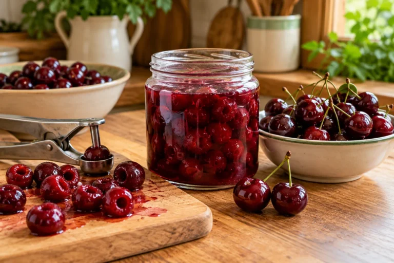 Entsteinte dunkle Kirschen im Glas mit Kirschentsteiner und frischen Kirschen