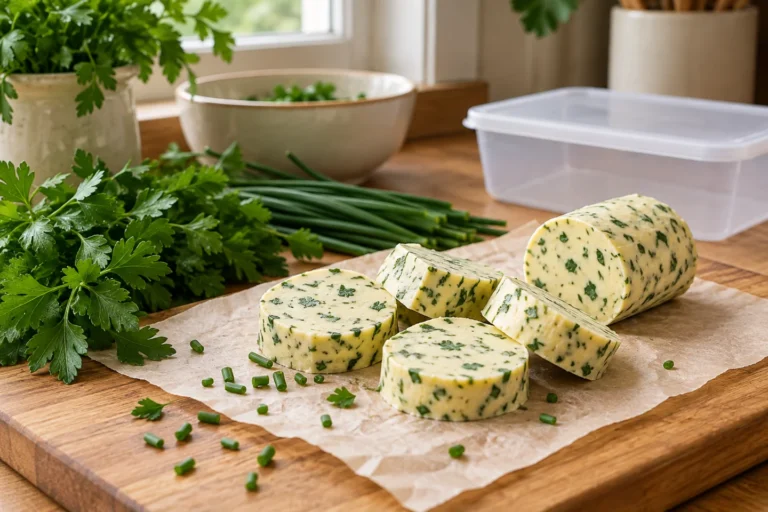 Kleine Scheiben Kräuterbutter auf Papier neben Petersilie und Schnittlauch