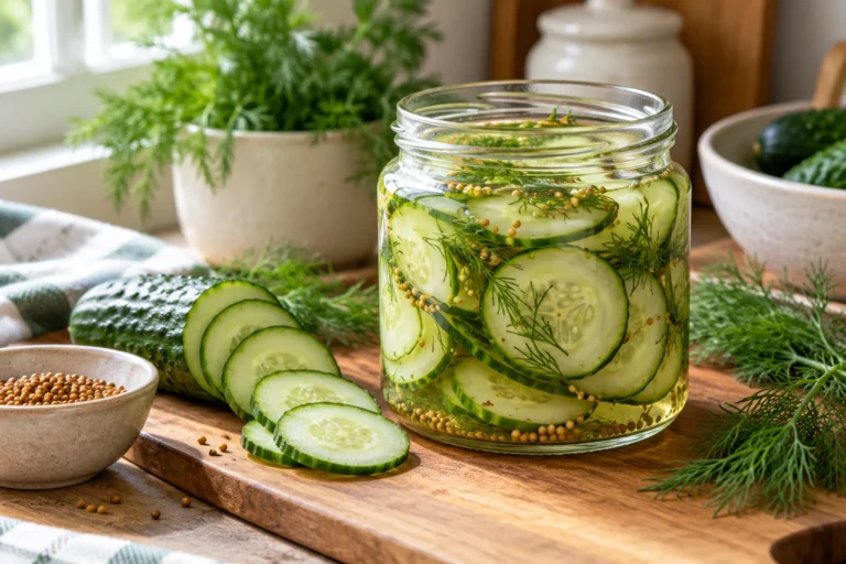 Dünne Gurkenscheiben mit Dill und Senfkörnern in einem offenen Glas