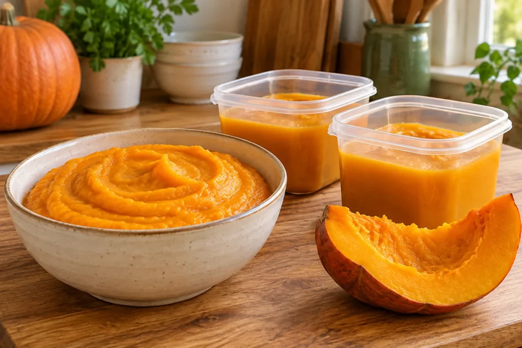 Oranges Kürbispüree in einer Schale und kleinen Gefrierdosen mit freiem Rand