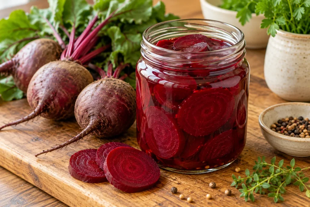 Dünne gegarte Rote-Bete-Scheiben in rotem Essigsud im Glas
