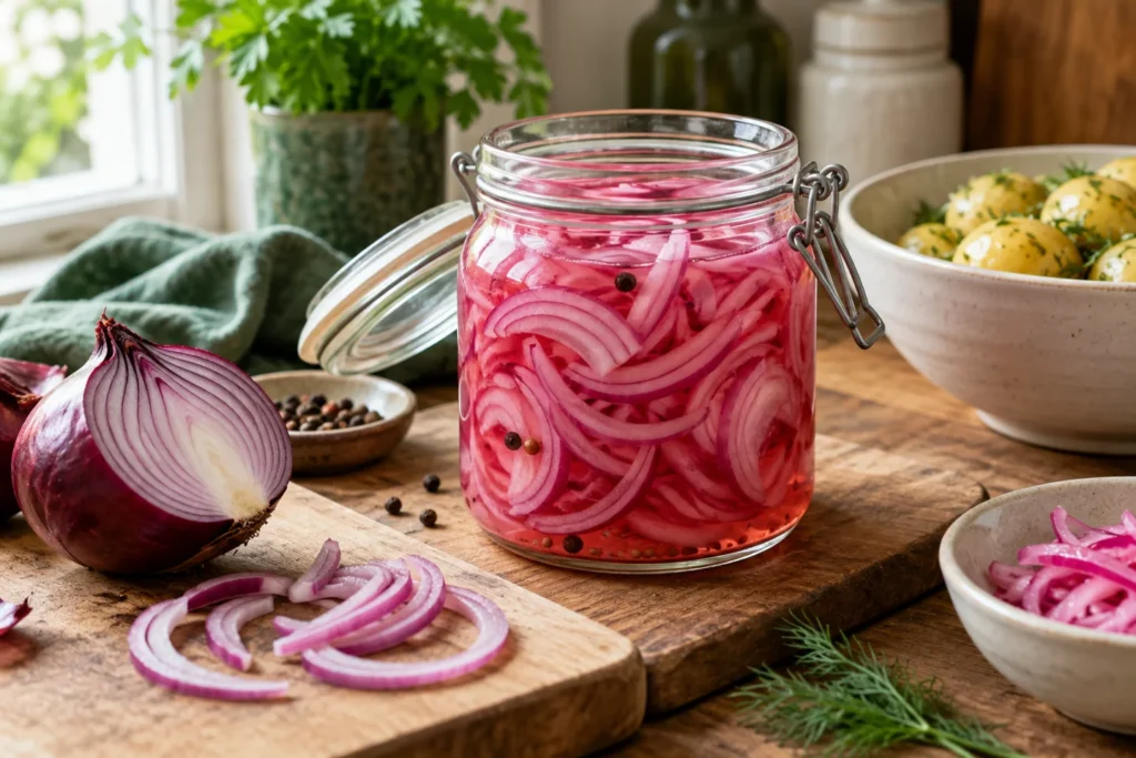 Rosa eingelegte Zwiebelringe im Glas neben einer aufgeschnittenen roten Zwiebel