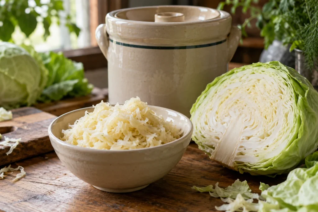Fein geschnittenes Sauerkraut in einer Schale neben Weißkohl und einem Gärtopf