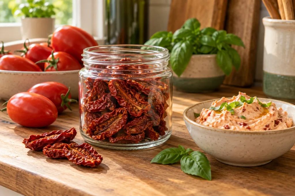 Trockene Tomatenstücke ohne Öl im Glas neben frischen Tomaten und Tomatencreme
