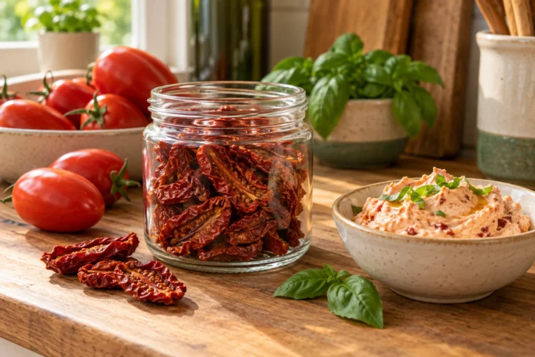Trockene Tomatenstücke ohne Öl im Glas neben frischen Tomaten und Tomatencreme