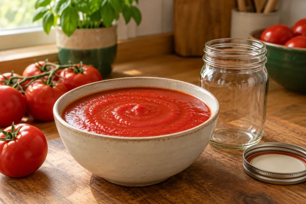 Schlichte rote Tomatensauce in einer Schale neben frischen Tomaten