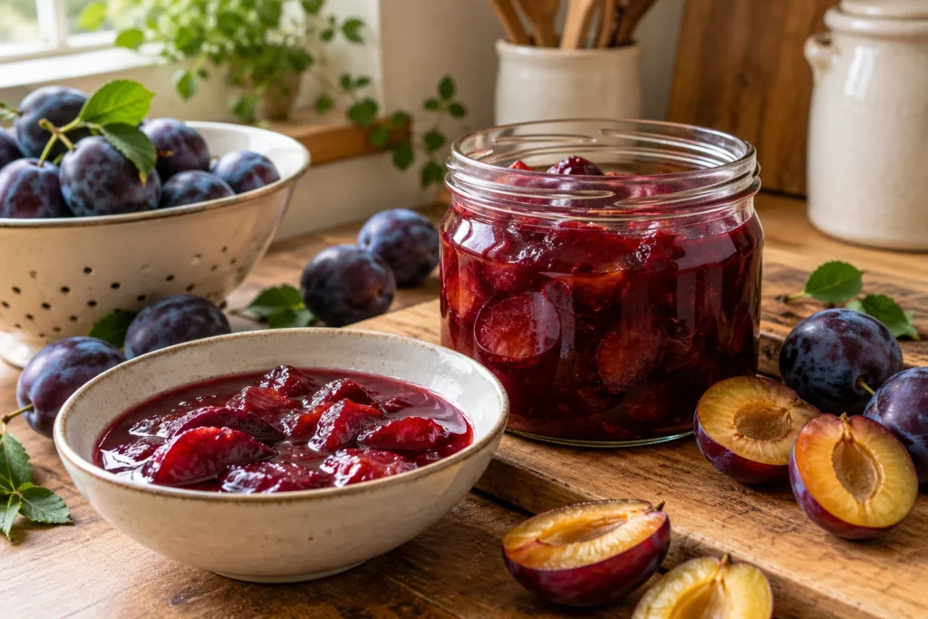 Rotes Zwetschgenkompott im Glas und halbierte violette Zwetschgen