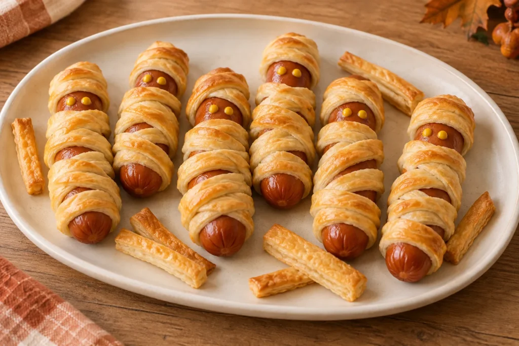 Sechs Würstchen-Mumien mit goldbraunen Blätterteigstreifen und kleinen Senfpunkten als Augen