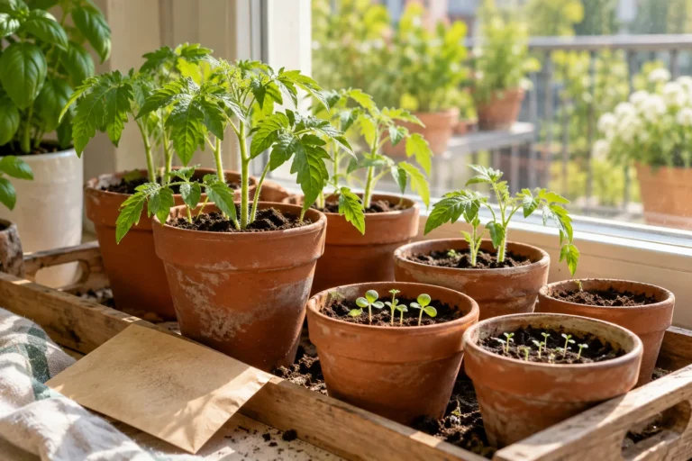 Junge Tomatenpflanzen und frisch gekeimte Sämlinge in Tontöpfen auf einer hellen Fensterbank.