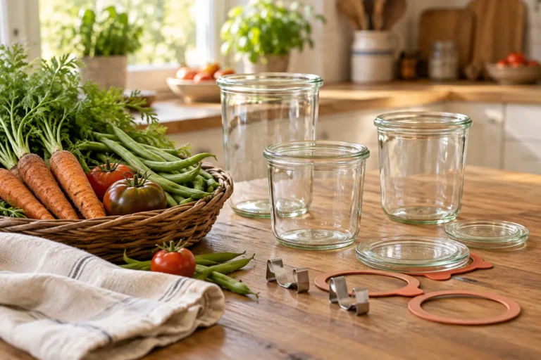 Leere Einkochgläser mit Glasdeckeln, Dichtungsringen und Klammern neben frisch geerntetem Gemüse.